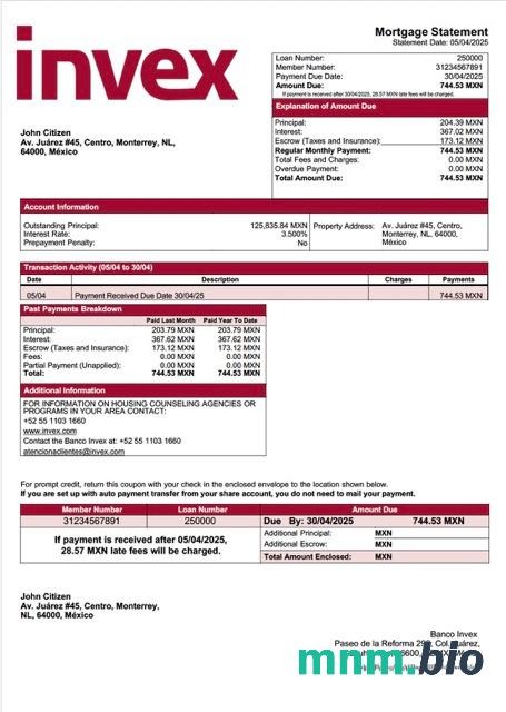 Meksyk Banco Invex wyciąg z kredytu hipotecznego szablon Word i PDF